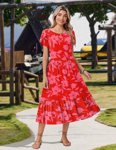 Image of Zeagoo Women Summer Midi A Line Dress Short Sleeve Casual Flowy Tiered Beach Long Sundress with Pockets 2026 Vacation Travel