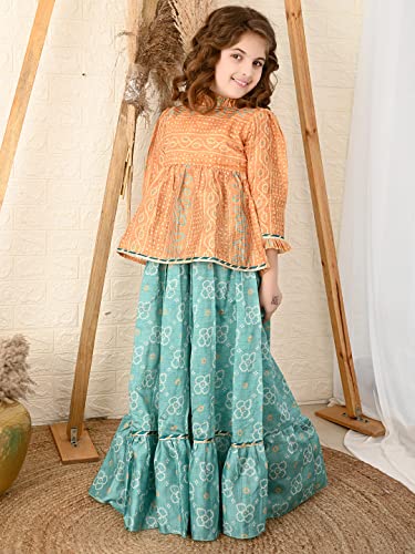 Image of LILPICKS Girls Bandhani Printed Peplum Choli with Lehenga Set (Yellow Blue)