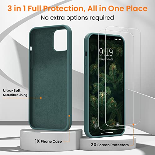 Bnww [3 In 1 Compatible With Iphone 12 Pro Max Case,With 2 Screen Protectors,Liquid Silicone Shockproof Phone Case，Iphone 12 Pro Max 6.7 Inch Soft Microfiber Lining Protective Cases(Forest Green) #TOP2