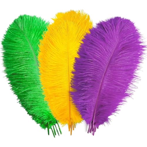 Piokio 72 pcs Mardi Gras Ostrich Feathers 10-12 inch(25-30 cm) Bulk for Mardi Gras DIY Clothing and Accessories Masquerade Party Decorations Table Centerpiece(Gold Green Purple)