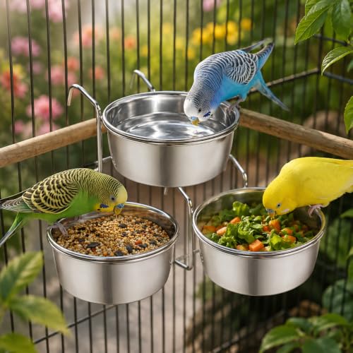 Image of Pets Empire Best Stainless Steel Birds Coop Cup Feeder Bowl (300 ML Pack of 3, Hook)