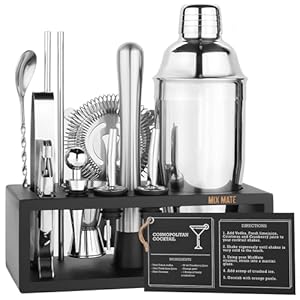 Mixology Bartender Kit with Stand – 15 Piece Bar Tool Set, Silver Bar Set Cocktail Shaker Set for Drink Mixing – includes Martini Shaker, Jigger, Strainer, Bar Mixer Spoon, Tongs, Opener | Gift Idea