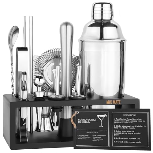 Mixology Bartender Kit with Stand – 15 Piece Bar Tool Set, Silver Bar Set Cocktail Shaker Set for Drink Mixing – includes Martini Shaker, Jigger, Strainer, Bar Mixer Spoon, Tongs, Opener | Gift Idea