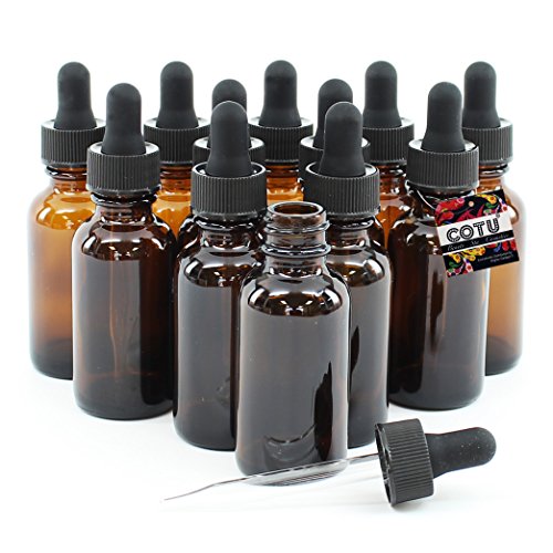 12 Pack of New, Empty, 1 oz Amber Glass Bottles with Glass Eye Droppers by COTU (R)
