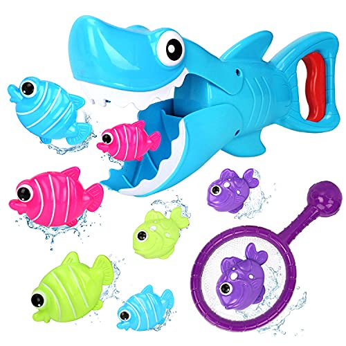BAMMAX Bath Toys, Shark Grabber Baby Bath Toy Set Bathtub Toy, Great White Shark Toy with Teeth Biting Action with Pole Rod Net&8 Floating Fish, Water Bathroom Toy Bathtime Game for Toddler Infant kid