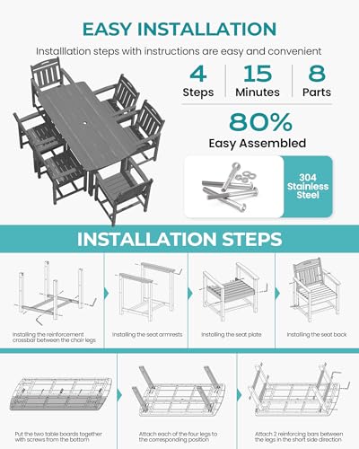 Image of Outdoor Rectangle Dining Table, Heavy-Duty HDPE Table for 6, Weatherproof Patio Table with Umbrella Hole, Rounded Corners for Safety, Grey