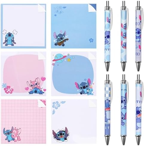 12PCS Cartoon School Supplies Anime Gel Pens with Sticky Notes 3x3in 50 Sheets/Pad for Office Press Retractable Pen School Supplies Party Favors Classroom Game Prizes for Kids