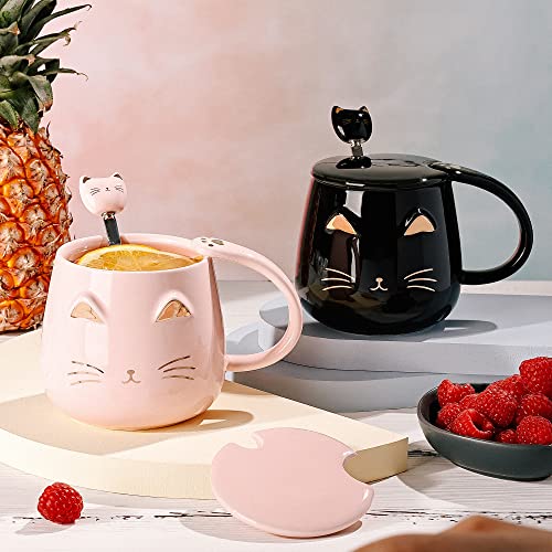 SHENDONG Pink Cat Mug Cute Ceramic Coffee Cup with Kawaii Lid and Lovely Stainless Steel Spoon Novelty Morning Cup Coffee Milk Tea Mugs - Image 3
