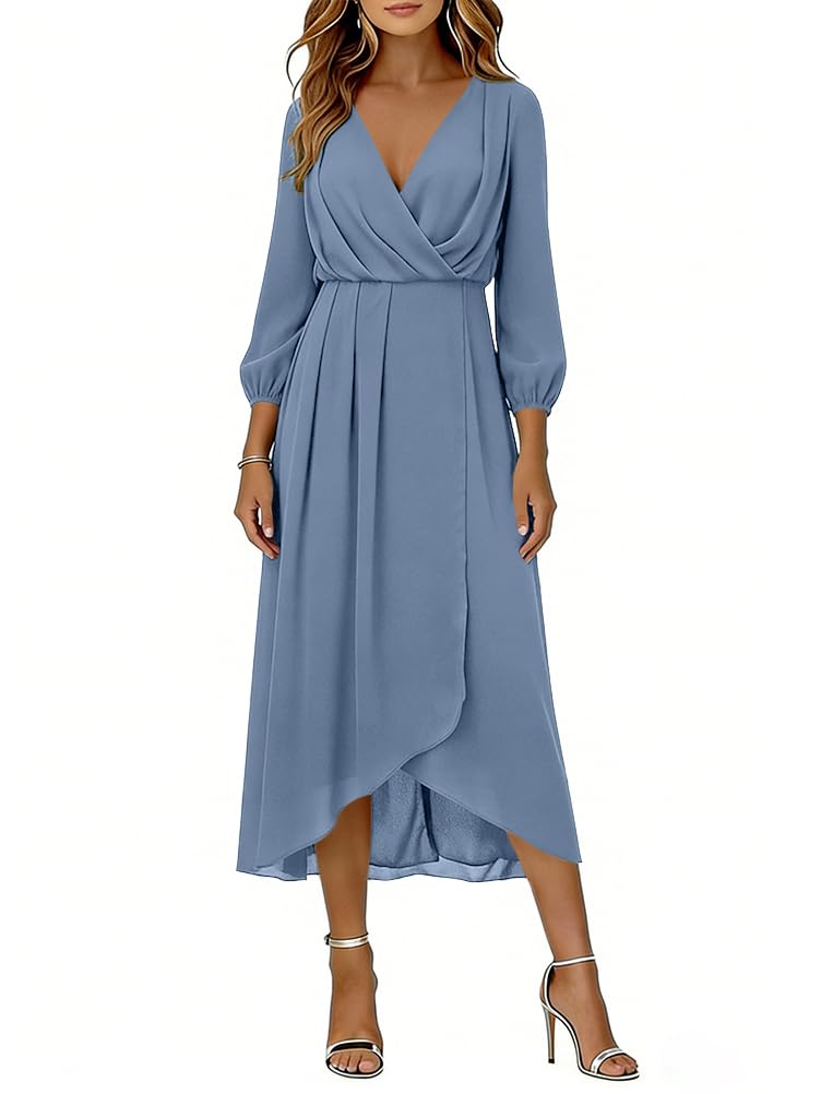 Minetom Abendkleider Damen Elegant Chiffon V-Ausschnitt 3/4 Ärmel Für Hochzeit A-Line Cocktailkleid High Low Festliche Midi Kleider Brautjungfernkleid