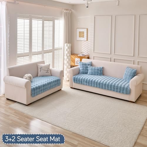 Image of HOKIPO 'FurHug' 3 Seater and 2 Seater Luxury Faux Rabbit Fur Sofa Cover Mat, Charm Blue (AR-5013-5)