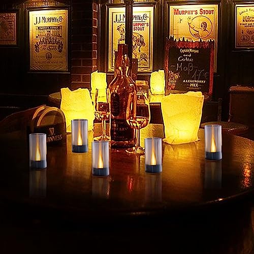 Image of Lanker Flameless Candles, Battery Operated LED Pillar D1.5 x H3 inch, Flickering Warm Yellow Long Flame-Effect Light with Black Base, Romantic Electronic Fake Set of 12 (Black)