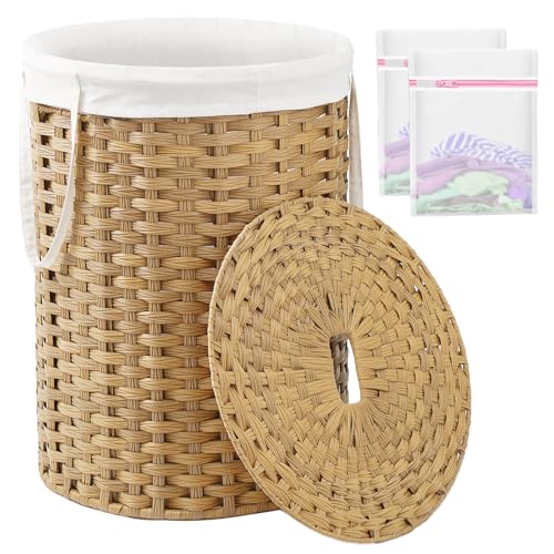 SETVSON Laundry Basket with Lid Round 29.1 Gal PE Rattan, Natural | Family Clothes & Blanket Trunk with Lid, Removable Liner Bag with Handles, 2 Mesh Wash Bags, Collapsible Steel Frame
