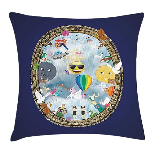 Ambesonne Funny Emoji Throw Pillow Cushion Cover, Modern Art Jumble Composition of UFO Moon Sun Birds Unicorns, Decorative Square Accent Pillow Case, 24" X 24", Dark Lavender and Multicolor