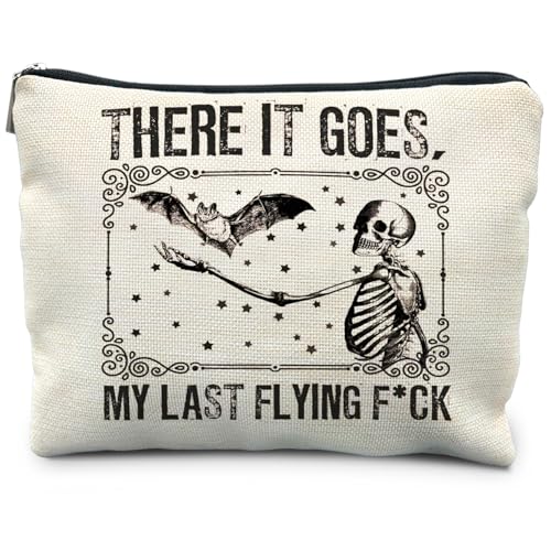 RYYCDOI Halloween Makeup Bag, Goth Skeleton & Bat Design, White, Waterproof Linen Cosmetic Bag for Women