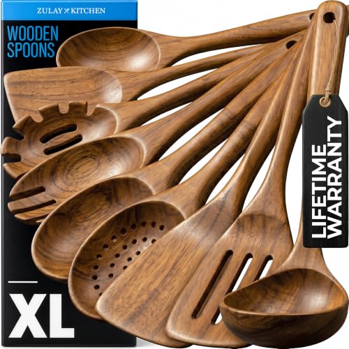 Image of Zulay Kitchen 9-Piece Teak Wood Cooking Utensil Set - Non-Toxic & Non-Stick Safe Wooden Spoons & Kitchen Tools with Comfortable Grip, Smooth Finish Natural Teak - Perfect Kitchen Gift Set