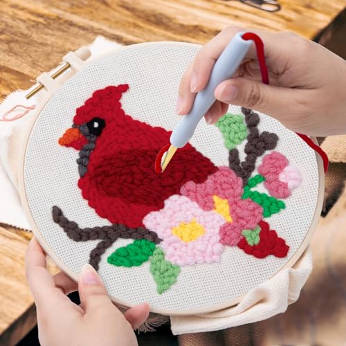 Image of Louise Maelys Beginners Punch Needle Kits,for Starter Adults,Rug Cross Stitch Kit Tool Including Handle Embroidery Pen,Cloth,Hoop,Threads and Instruction-Cardinal Bird Pattern