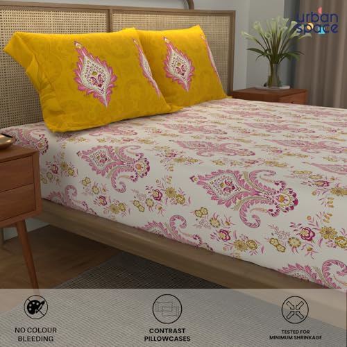 Image of Urban Space - Divine Collection 100% Cotton Double Bedsheet with 2 Pillow Covers, Bedsheet - 90 inch x 100 inch, Motif Mustard