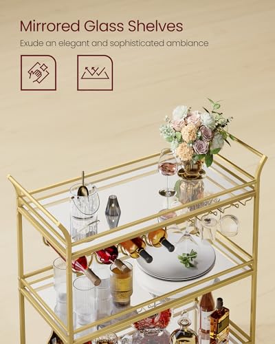 Image of VASAGLE Bar Cart Gold, Large Home Bar Serving Cart with 3-Tier