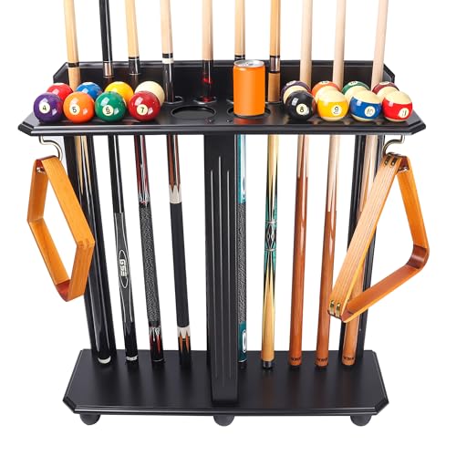 GSE Games & Sports Expert Floor Stand Billiard Pool Cue Racks Only, Holds 10 Pool Cue Sticks, 2 Drink Holders, Billiard Ball Racks and Full Set of Balls (Black)