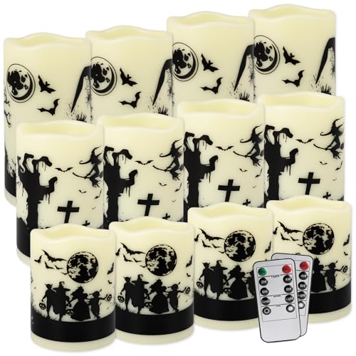 Image of 12-Pack Waterproof Flameless LED Candles - Remote Control & Timer, Dimmable Flickering for Halloween Decor Indoor /Outdoor, Haunted House, Party, Graveyard