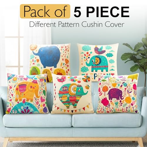 Image of GLUN Set of 5 Polycotton Cushion Covers, Multicolour Bohemian Elephant Print, 16 x 16 Inch Size Covers, Playful Cushion Covers for Sofa & Living Room Decor