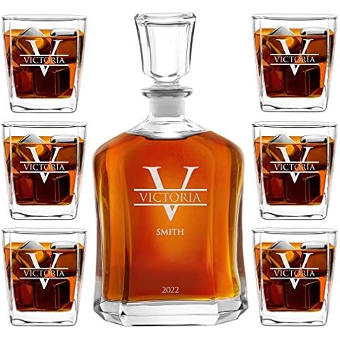 Murrano Classic Bourbon Whiskey Decanter Capitol Set of 6 Glasses - You can Personalise Tumblers as Gift - 700 ml Universal Carafe - Gift for Couple - Name Cover