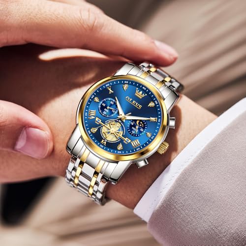 Image of OLEVS Men Watches Stainless Steel Chronograph Watch, Large Wrist Analog Quartz Watch, Fashion Waterproof Diamond Roman Numerals Dress Watches for Men, Gold /Black /White /Blue /Grey Dial