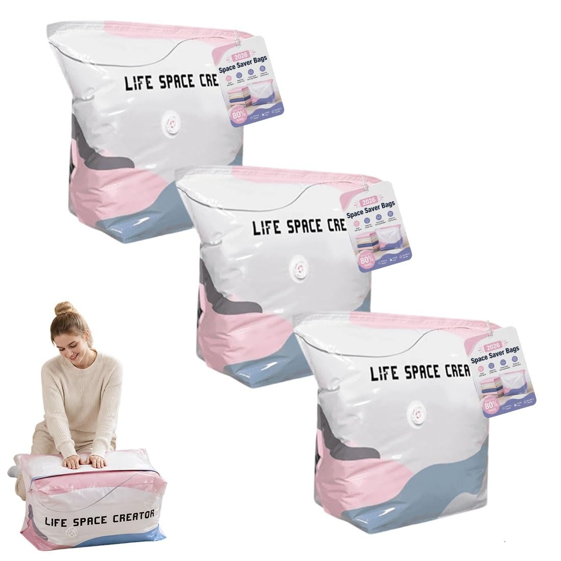Qcdzsw 3Pcs No-Pump Vacuum Storage Bags,Upgrade Large Storage Compression Bags Press & Seal, Cube Compression Space Saver Bags,For Clothes,Bedding Comforters(,S)