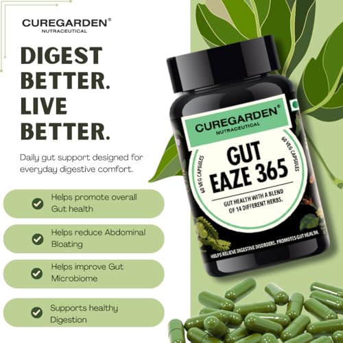 Image of Curegarden Gut Eaze 365 | Probiotic & Prebiotic Gut Health Supplement | 60 Capsules | Supports Digestive Balance, Bloating Relief & Gut Lining | Curcumin + Slippery Elm + Triphala | Natural | Men & Women