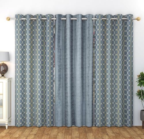 Image of Home Decor Check Designer Door Curtains 7 feet Set of 3 for Drawing Room /Living Room /Hall Room Parde for Door, Dark Grey