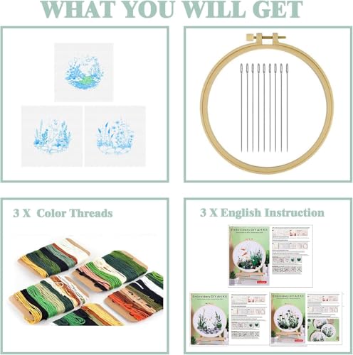 Image of GLTAYLMY Fish Embroidery Kit for Beginners Adults,3 Set Cross Stitch Kits with 1 Plastic Embroidery Hoops,Needles and Color Threads,Needlepoint Kit for Hand Embroidery Starter