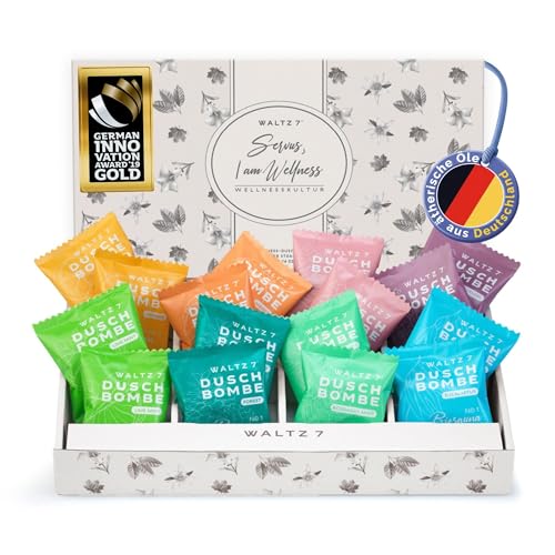 WALTZ 7 Original Duschbomben Wellness Set, 16 Stück, 8 Düfte, Ostern Geschenke Erwachsene, Dankeschön Geschenk für Frauen, Männer, Badebomben Dusche, ätherische Öle,...