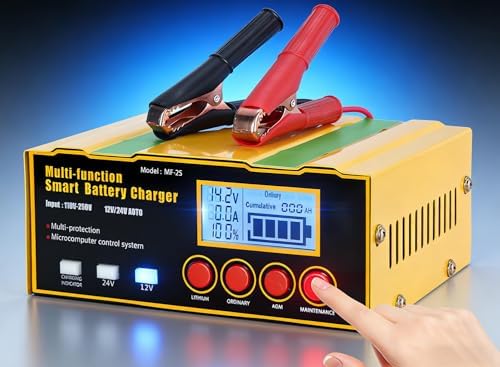 Lithium Battery Charger, 12-Amp 12V and 24V Smart Car Battery Charger, Battery Maintainer Trickle Charger, Battery Repair Charger Desulfator for Automotive/Motorcycle/Boat/Truck/Lawn Mower