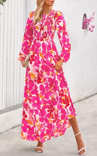 Image of PRETTYGARDEN Women's Fall Dresses 2026 Long Sleeve Flowy Casual Floral Maxi Dress Crew Neck Smocked Tiered Long Dress