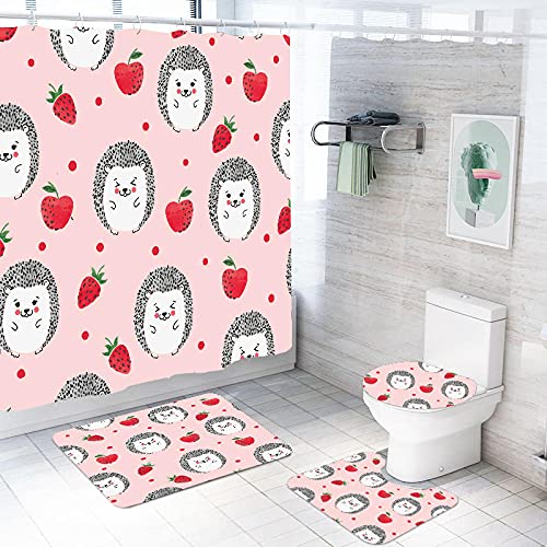 ZDDWLDL 4Pcs Duschvorhänge Set Mit Rutschfesten Teppichen,Toilettendeckel und Badematte Rosa Grau-Rotes Fruchttier Igel…