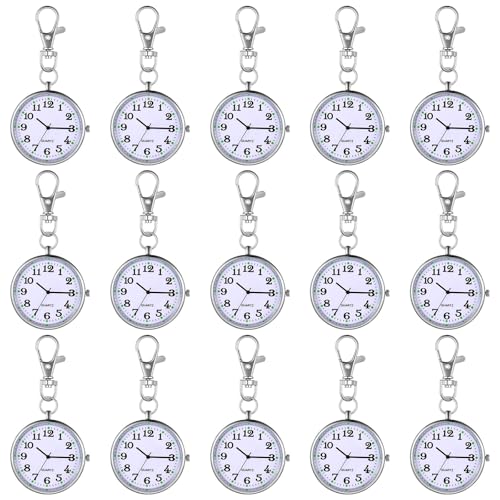 Outus 15 Pieces Quartz Nurse Pocket Watch Round Doctor Brooch with Key Buckle Hanging Nurse Watch Clip on Doctors(Silver White)