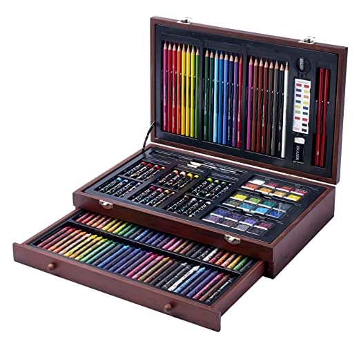 Art 101 Doodle and Color 142 Pc Art Set in a Wood Carrying Case, Includes 24 Premium Colored Pencils, A variety of coloring and painting mediums: crayons, oil pastels, watercolors; Portable Art Studio