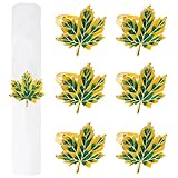 Maple Leaves Napkin Rings Set of 6, Fall Metal Napkin Rings Thanksgiving Maple Leaf Napkin Holders Buckles for Thanksgiving Halloween Autumn Harvest Party Dinner Table Decor (Green, 6pcs)