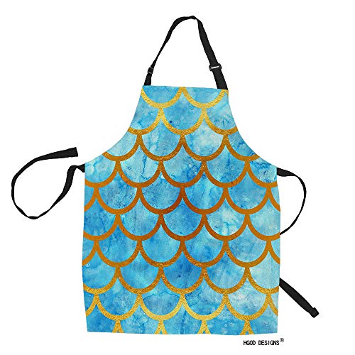 Hgod Designs Mermaid Scales Kitchen Apron,Watercolor Blue And Gold Fish Scales Kitchen Aprons For Women Men For Cooking Gardening Adjustable Home Bibs,Adult Size #TOP28