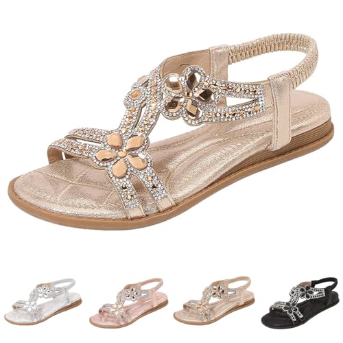 Générique Sandales Femme Été Orthopédiques Fleur Strass Cristal Élégantes Mariage Soirée Plates Confortables Bohème Chic Bout Ouvert Élastique...
