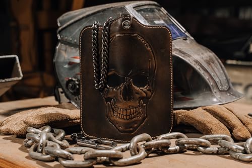 Image of House of Jack Co. Skull Grommet Long Bifold Wallet for Men, Add Your Chain Biker Wallet, Full Grain Cowhide Leather Wallet, Black