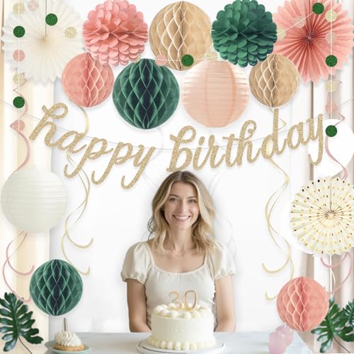 Image of Pink Sage Green Happy Birthday Decorations, Pre-Strung Happy Birthday Banner with Honeycomb Balls, Paper Flowers, Lanterns, Hanging Swirls, Circle Dots Garland for Birthday Party Decorations 24pcs