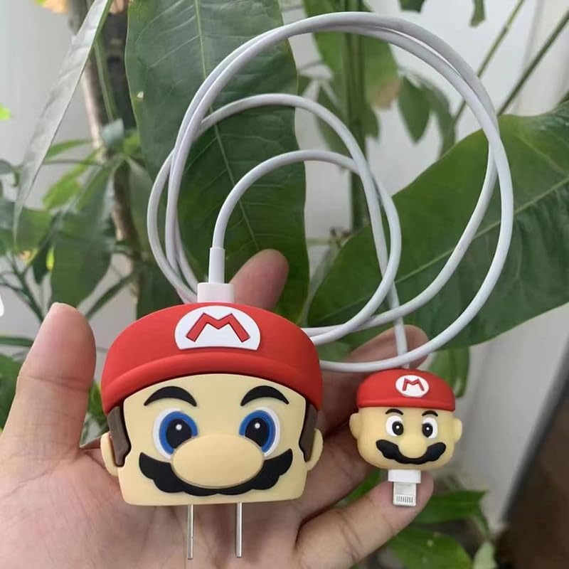Image of DIVERTS Charger Case Cover 360 Degree Full Protection Cover Funny Cartoon Character Compatible for iPhone 18-20W Silicone Protective Charger Cover Cable Protector (Mario Red Design)