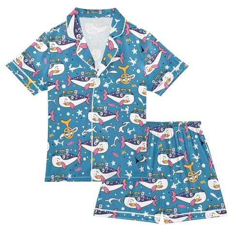 ALAZA Cute Sailor Whale Blue Pajamas Satin Pajama Set Short Sleeve Button Down Sleepwear