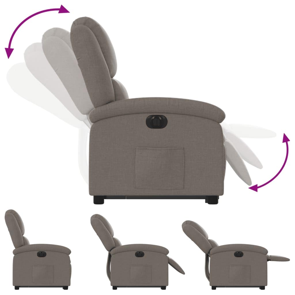 Sillón elevador eléctrico reclinable de tela color pardo con motor para elevación e inclinación automática, respaldo ajustable y reposapiés, estructura estable