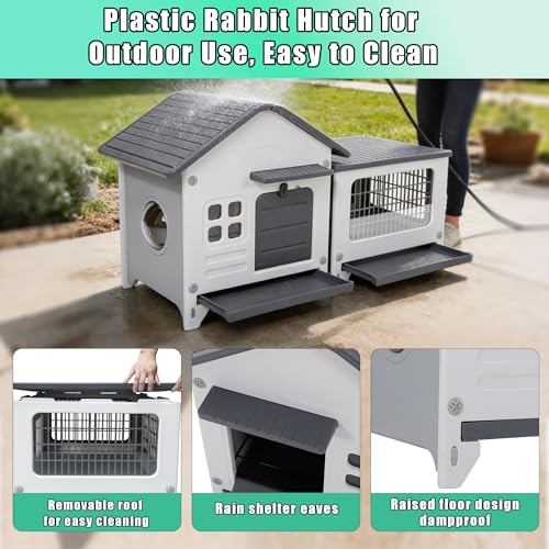 Rabbit Hutch Indoor & Outdoor with Extended Play Area, Plastic Rabbit Hutch with Sloped Roof Drainage, Panoramic Windows, Urine Barrier & Pull-Out Tray, Rabbit Cage with Run Easy to Clean and Assemble - Image 5