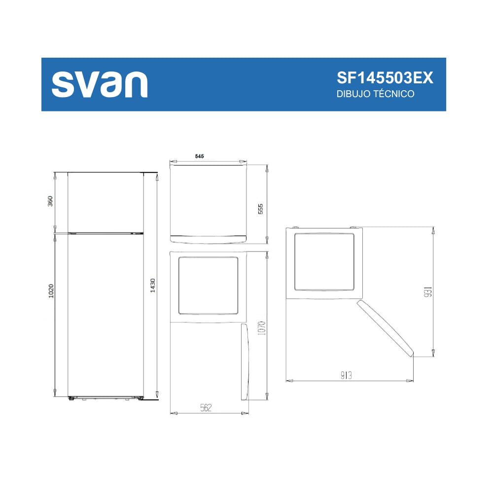 Svan Frigorífico Estandar, 2 Puertas, Inox, SF145503EX, Capacidad 206 Litros, Puerta Reversible, Bajo Nivel Sonoro, Eficiencia Energética Clase E