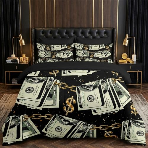 Nesker 7-Piece Full Comforter Set, Gold Money Bill Design