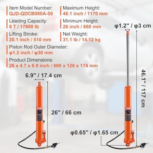 Vevor 8-TON HYDRAULIC AIR LONG RAM JACK Hydraulic Long Ram Jack, 8 Ton Engine Hoist Cylinder Single Piston Pump, Hydraulic Ram Cylinder With Air Pump thumb #6