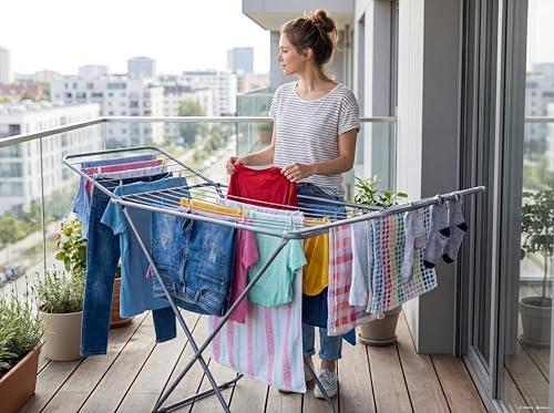 Image of VISBY INDIA Luxury Foldable Cloth Drying Stand for Clothes | Heavy Duty 3-Way Folding Design | Adjustable Alloy Steel Laundry Drying Rack | Lightweight Indoor & Outdoor Clothes Dryer (Grey)